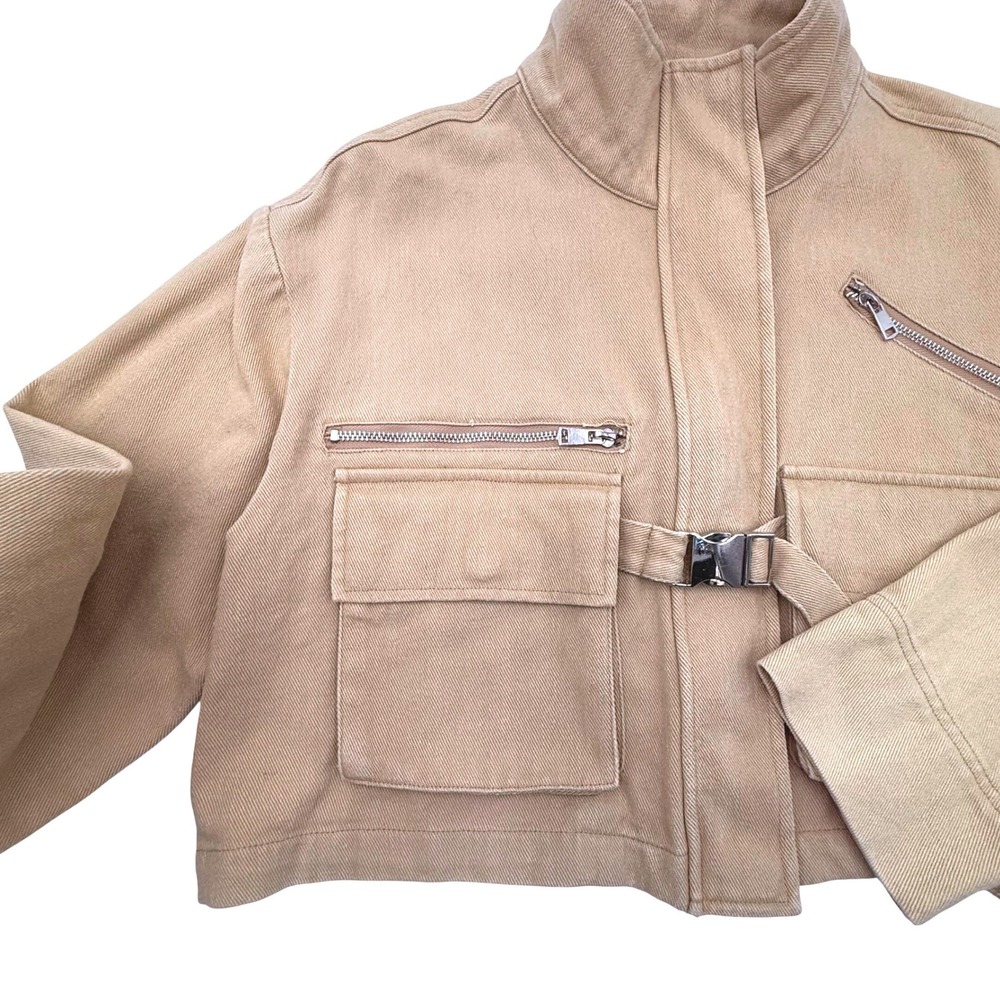 Eggie Utility Cropped Jacket Khaki Tan Cotton Cargo Buckle Pocket Jacket Women's - Picture 7 of 11